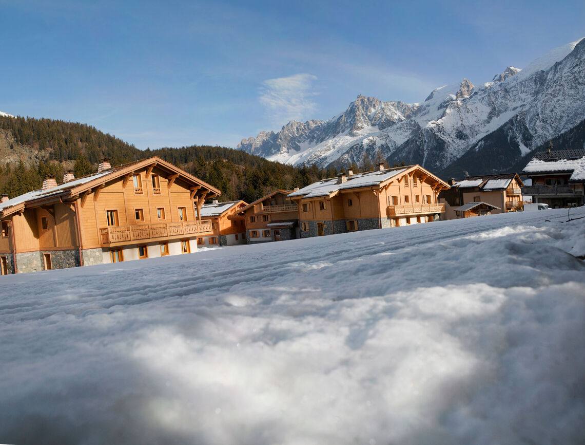 Mont Blanc behind Le Hameau de Pierre Blanche, Les Houches
