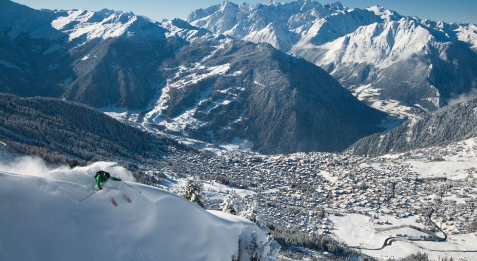 Skiing above Verbier village